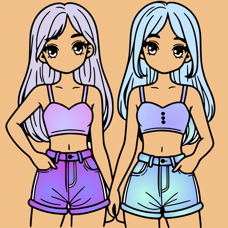 two sisters with crop tops and jean shorts and straight hair