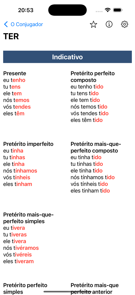 Portuguese conjugation of the verb TER in the Il Coniugatore app showing different tenses of the indicative mood