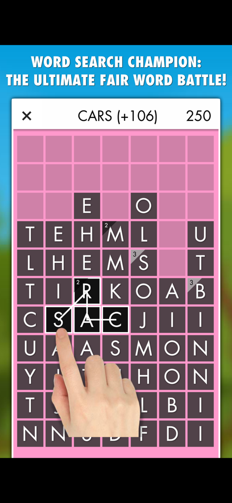 Word Search Champion PRO - A hand selecting letters on a word search puzzle grid to form the word CARS in the Word Search Champion PRO game