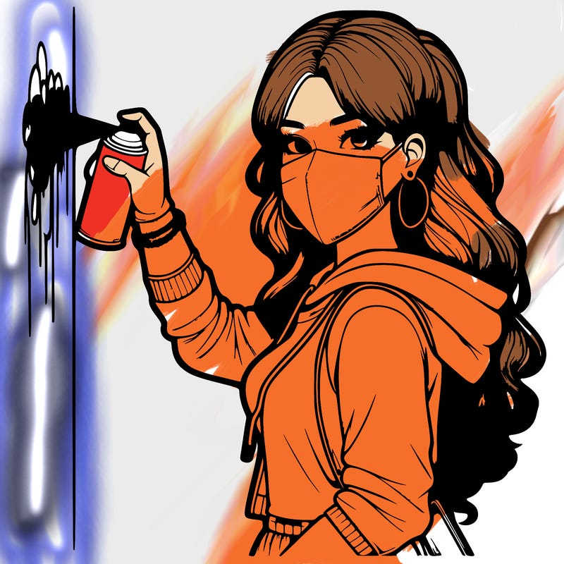 realistic girl with mask spray painting a wall