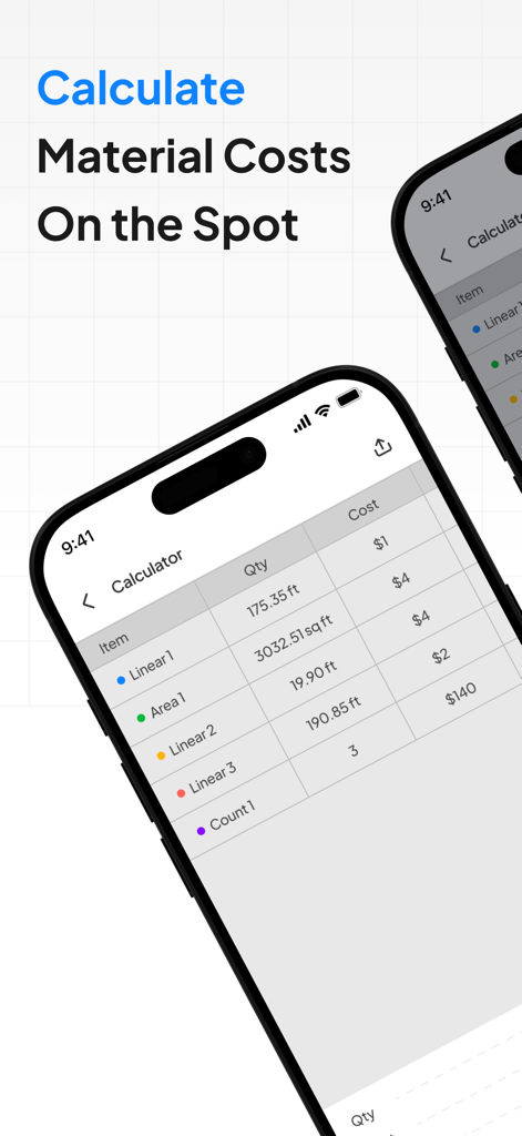 Planformer – Smart Takeoffs - Planformer app screen showing a construction material cost calculator table