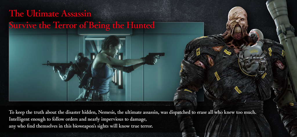 Jill Valentine aiming a gun in a hallway next to a large character model of the Nemesis boss holding a rocket launcher