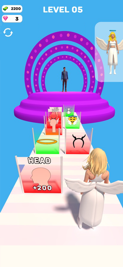 A 3D character with angel wings running through choice gates in a fashion transformation game.