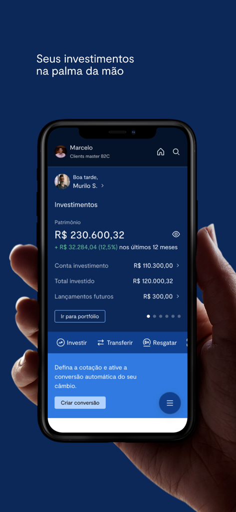 BTG Pactual Parceiros - Panel de control de inversiones de BTG Pactual Parceiros que muestra la renta de inversiones y las opciones de gestión de cartera.