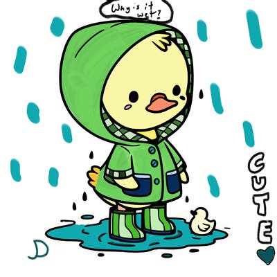 baby duck in a rain coat and boots, in a puddle while it’s raining