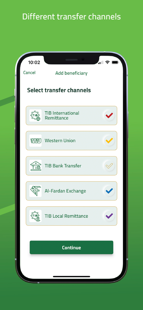 TIB Online - A mobile app screen showing different transfer options including TIB International Remittance Western Union and Al-Fardan Exchange