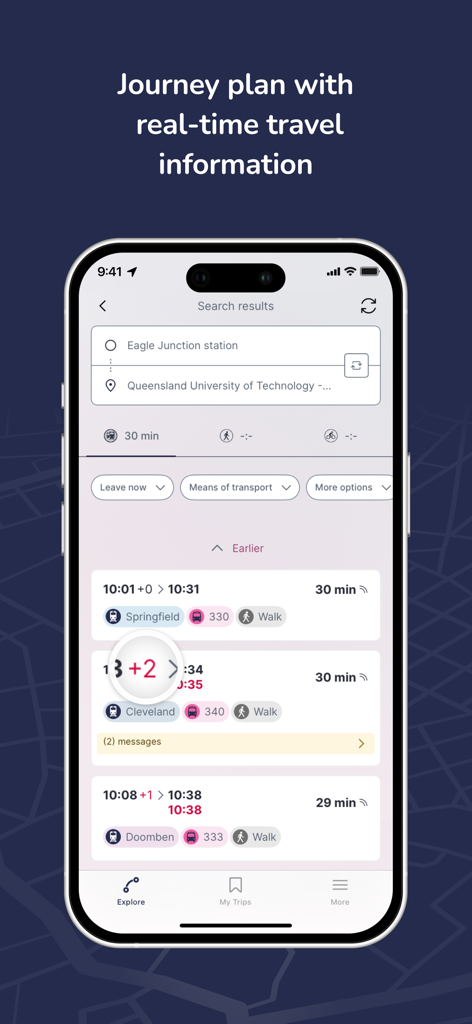 Translink app screen displaying a journey plan with real-time travel information for Queensland public transport