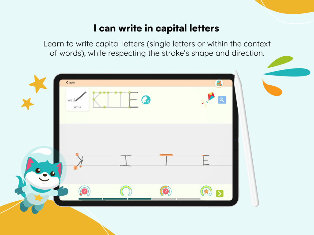 Kaligo - Child practicing capital letters on an iPad with the Kaligo educational app and a stylus.