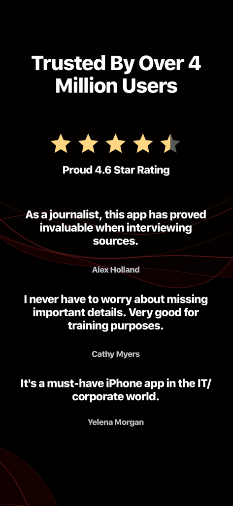 User testimonials and a 4.6 star rating for TapeACall Pro call recorder app