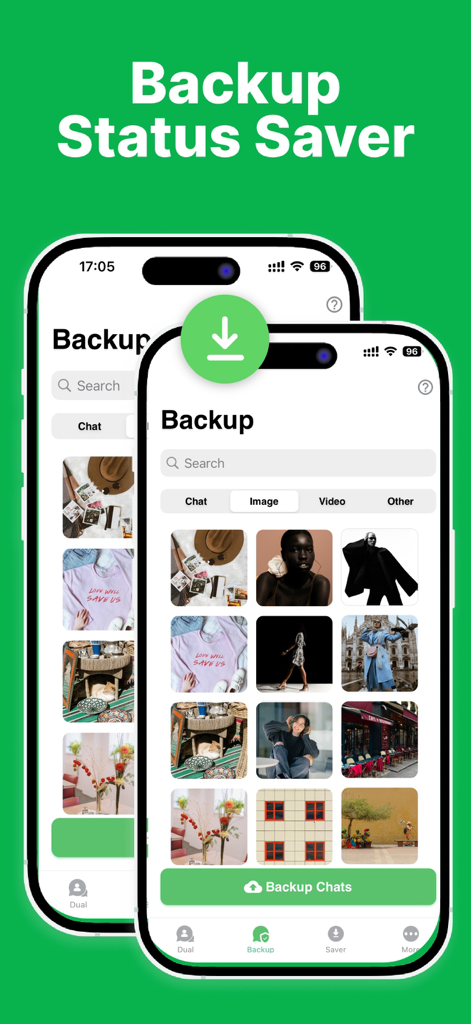 Messenger Duo Web app screenshot showing chat backup and status saver features with a media gallery