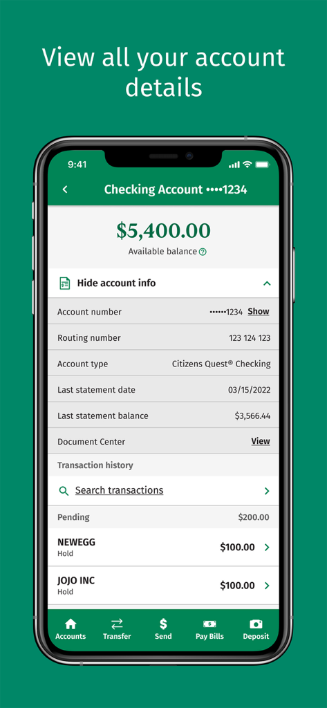Citizens Bank mobile app interface showing a checking account balance and transaction history