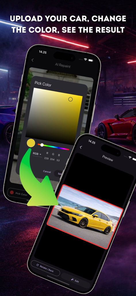 Car Color Editor Ai Repaint - Interfaz de la aplicación móvil mostrando edición de color de coche IA con un selector de color y una repintura de coche amarillo