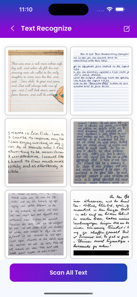 Image to Text Scanner OCR Scan - Pantalla de la aplicación móvil mostrando una galería de notas manuscritas para reconocimiento de texto y un botón de escanear todo el texto.