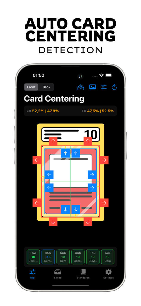 Card Centering Calculator App - Interface of the Card Centering Calculator app showing automatic centering analysis and grading company standards