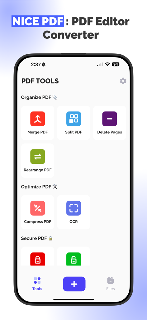 PDF Converter - All Documents - Panel de la aplicación Convertidor de PDF mostrando herramientas de organización, optimización y seguridad como combinar, dividir, comprimir y OCR.