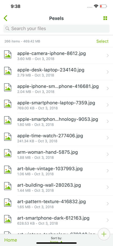 Koofr - Koofr app interface displaying a list of image files with metadata like file size and date