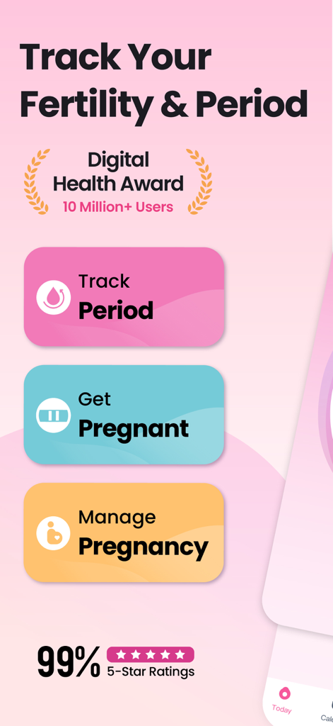 Femometer Fertility Tracker - Femometer app interface showing options to track period get pregnant and manage pregnancy with a Digital Health Award badge