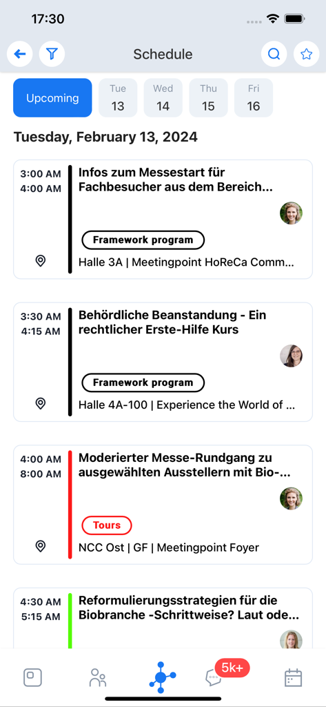BIOFACH 2025 app schedule interface showing a list of events and lectures with times and locations