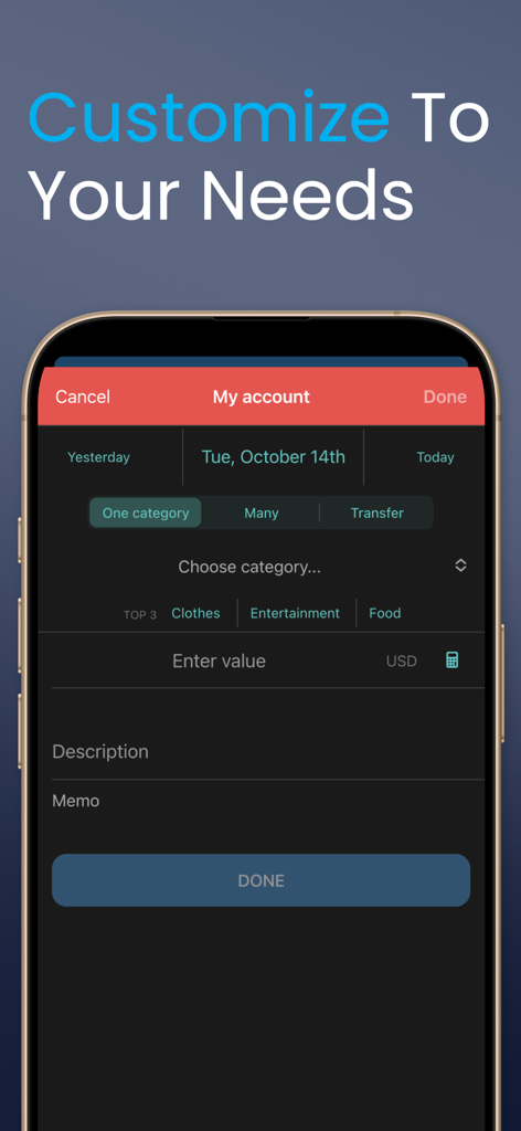 My treasury - A mobile interface for manually entering transactions in the My treasury app with options for categories like clothes and entertainment