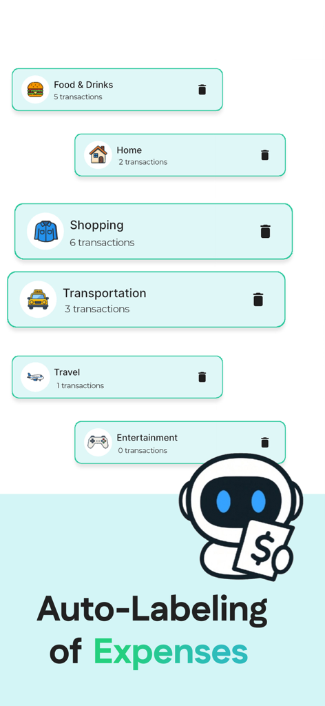 Interfaz de la app IA Rolly que muestra el etiquetado automático de gastos en categorías como Comida, Compras y Transporte con una mascota robot.
