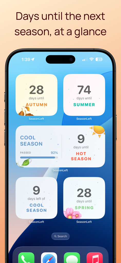 Uma coleção de widgets minimalistas da tela inicial do iOS mostrando contagens regressivas para diferentes estações