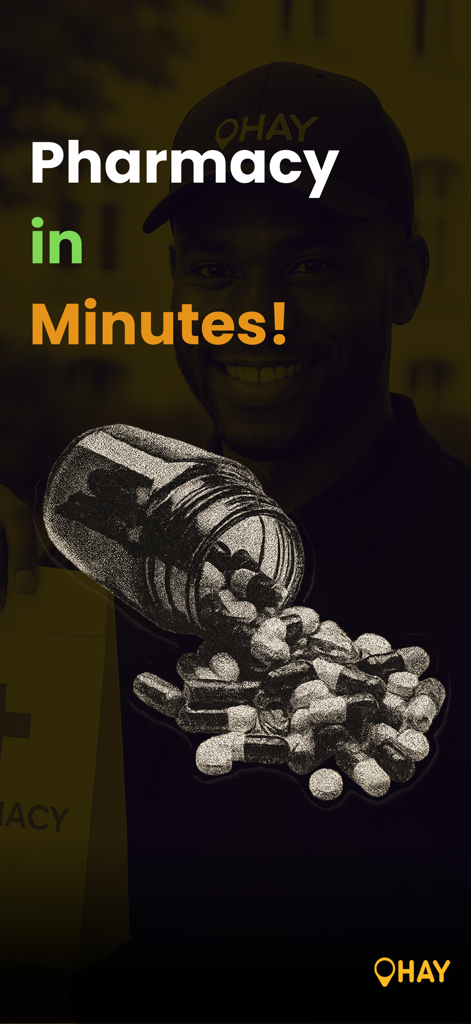 Ohay | Food & Grocery Delivery - 数分での迅速な薬局および医薬品配達のためのOhayアプリのプロモーション画面