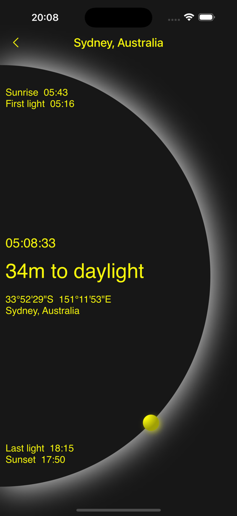 Sunrise Sunset Tracker - Mobile app interface showing sunrise and sunset times for Sydney Australia with a countdown to daylight
