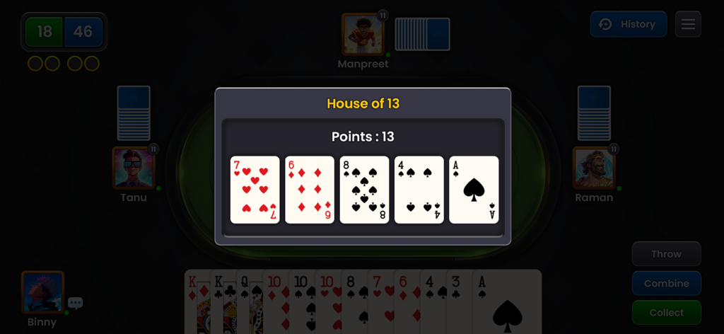 Seep King - Seep King online multiplayer card game showing a House of 13 points modal on screen