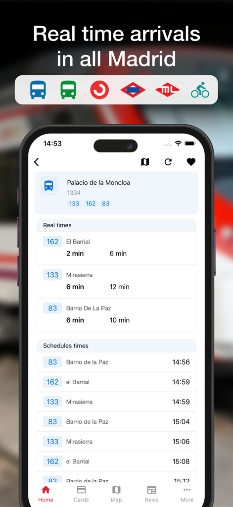 Madrid Transport app interface showing real-time bus arrival times and schedules for the Palacio de la Moncloa stop.