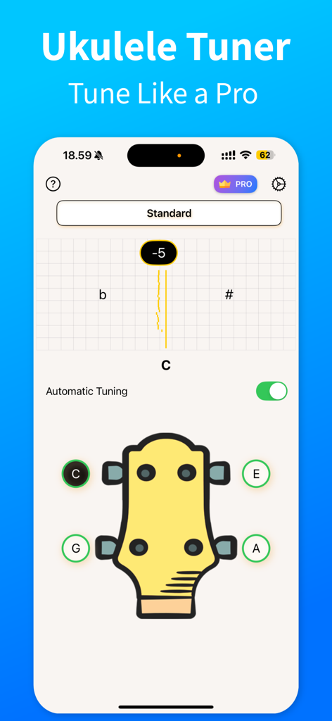 Ukulele Tuner - TuneGuide - Interfaz de la app Ukulele Tuner TuneGuide que muestra la afinación automática para las cuerdas estándar de ukelele