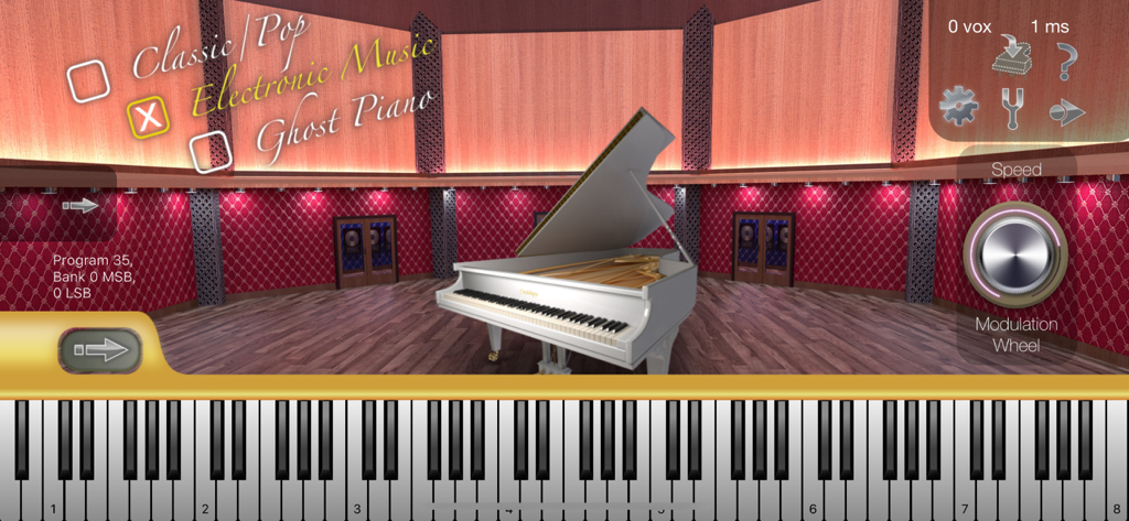 Colossus Piano - Pianoforte a coda bianco in un ambiente di studio virtuale all'interno dell'interfaccia dell'app Colossus Piano