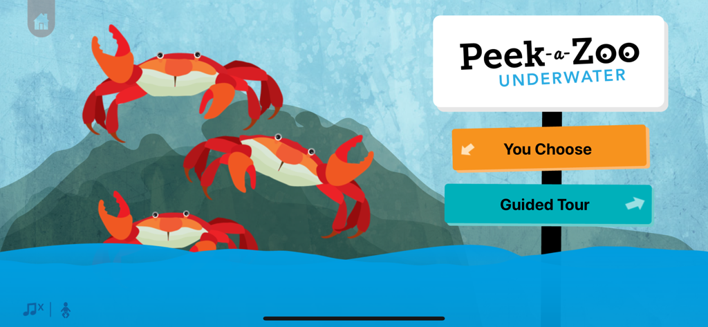 Pantalla de título de Peek-a-Zoo Underwater con tres cangrejos rojos ilustrados y botones de selección de modo de juego.