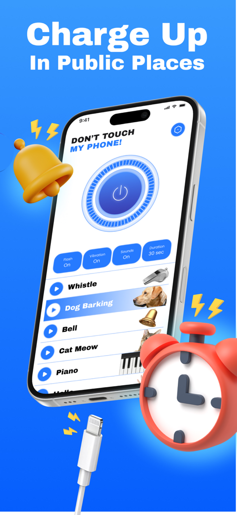 Don't Touch My Phone Guard - Interface d'application mobile montrant la protection contre la suppression de charge avec diverses options de son d'alarme antivol.