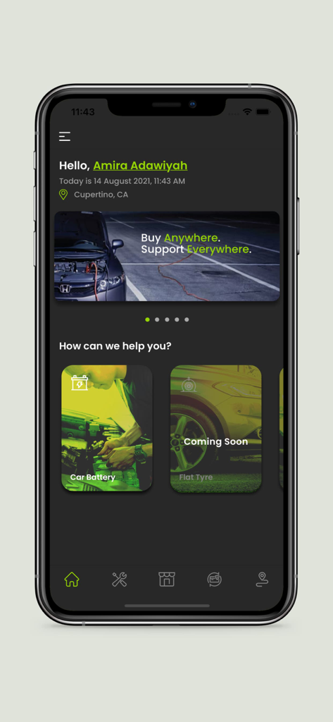 La schermata home dell'app Bateriku che mostra un saluto personalizzato per un utente a Cupertino e le opzioni per i servizi di batteria auto e gomma a terra.