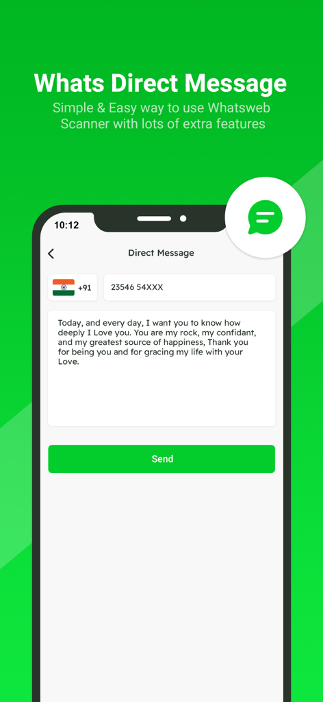 WhatsWeb - Click to Chat - Pantalla de la aplicación que muestra la función de Mensaje Directo para enviar mensajes sin guardar contactos