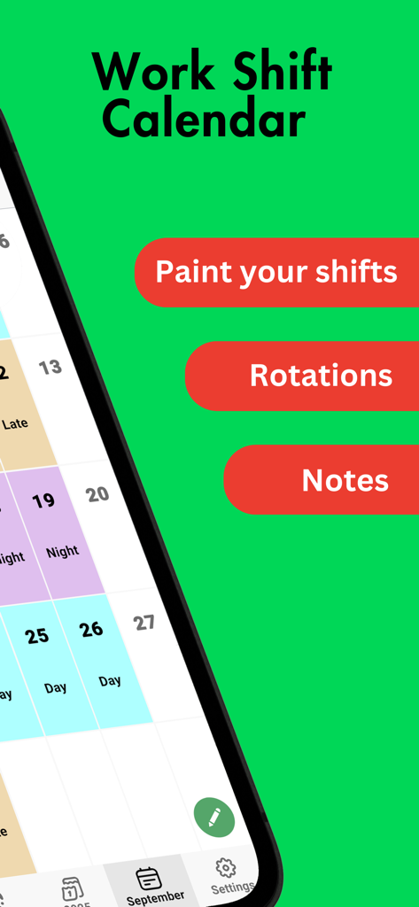 Shift Work Calendar - Simple - Smartphone exibindo um calendário de trabalho por turnos codificado por cores com recursos de rotação e notas