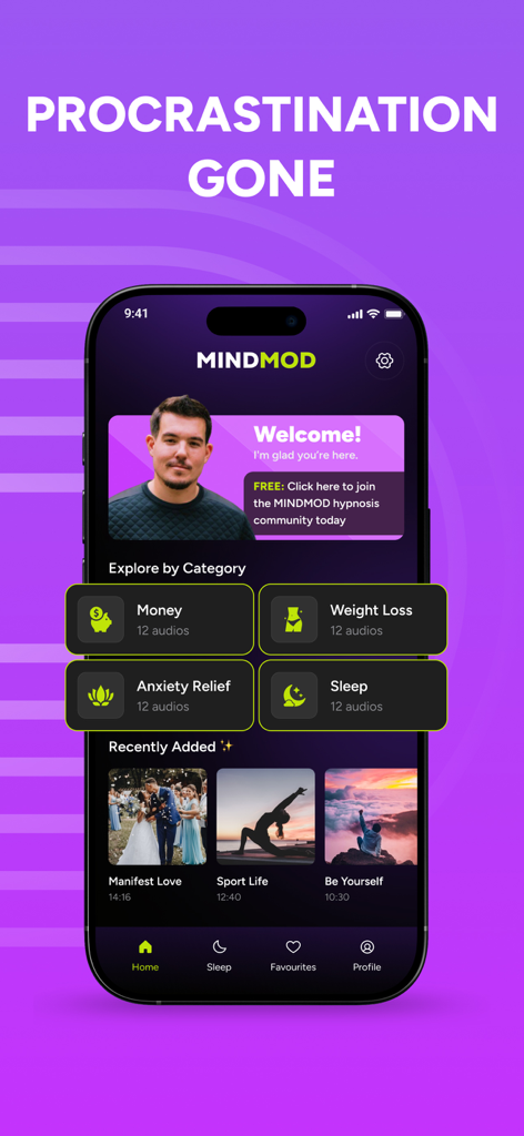 MINDMOD: Hypnosis & Meditation - Interfaz de la aplicación MINDMOD mostrando categorías de hipnosis para dinero y alivio de la ansiedad con un titular Adiós a la Procrastinación