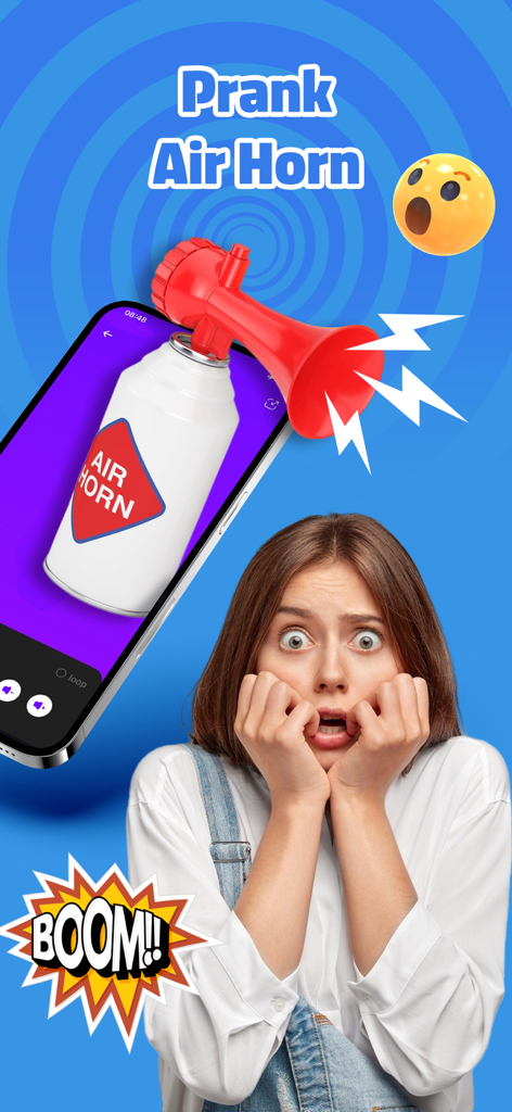 Voice Changer & Prank Sounds - A woman looks shocked next to a smartphone displaying an air horn prank sound effect