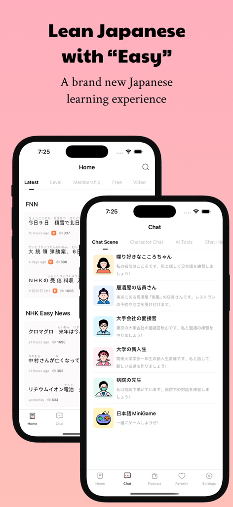 Easy Japanese app interface showing news articles and AI conversation scenarios for language learners