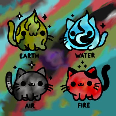 4 cats that represent the different elements, earth, water, air, and fire