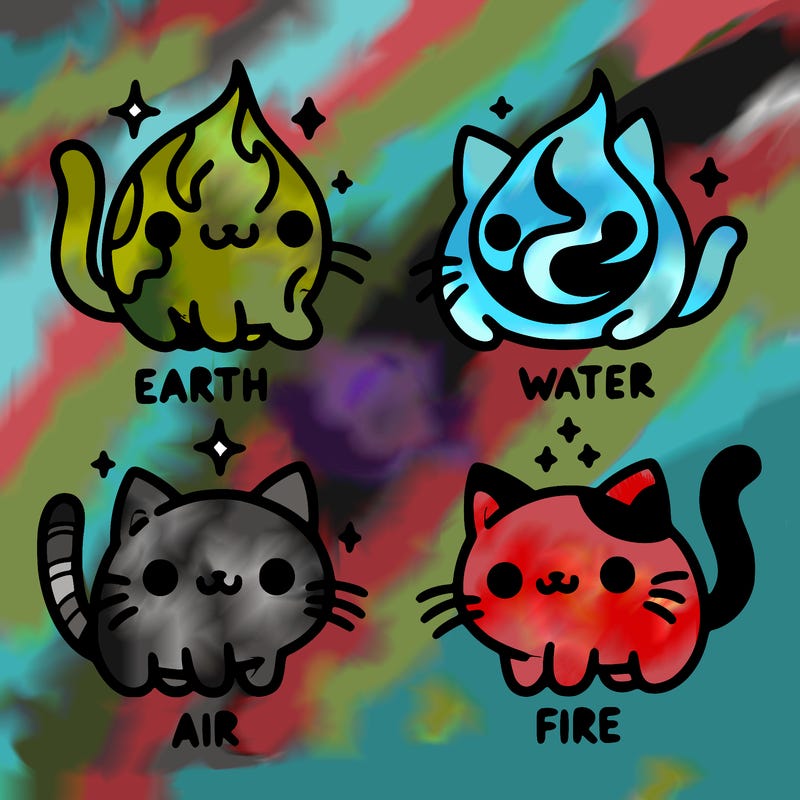 4 cats that represent the different elements, earth, water, air, and fire