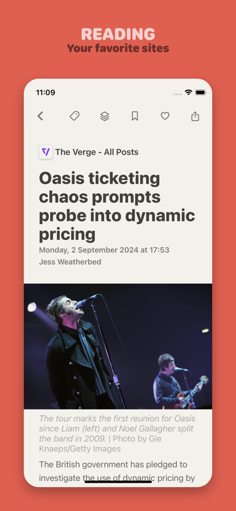 Screenshot of the Reeder app showing a news article from The Verge about Oasis ticketing on an iPhone