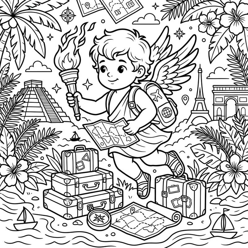 Join a whimsical Cupid on an unforgettable global adventure, torch in hand and map unfurled. This intricate coloring page invites you to explore iconic landmarks and tropical getaways from the comfort of your home.