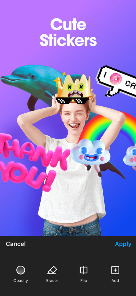 POTO - A smiling woman decorated with playful digital stickers and 3D text in the POTO photo editing interface