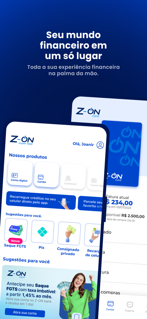 App Clube Condor - Interface of the Clube Condor Z-ON super app showing digital banking features including account management and credit services