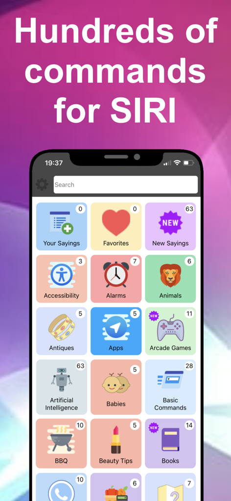 A smartphone screen displaying a grid of Siri voice command categories including Animals, Alarms, and AI