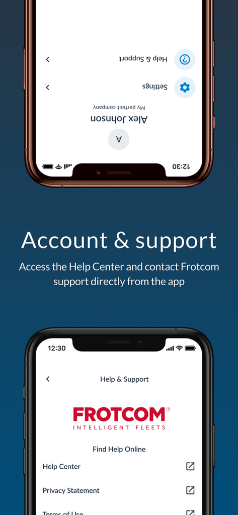 Pantalla de cuenta y soporte de la aplicación Frotcom Fleet Manager mostrando el centro de ayuda y las opciones de contacto.