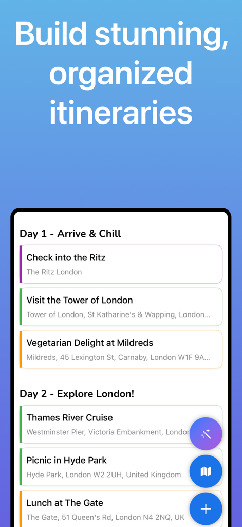 Itinerary Maker for Vacations - Un itinerario de viaje diario detallado para unas vacaciones en Londres que muestra actividades y planes de restaurantes en una interfaz móvil.