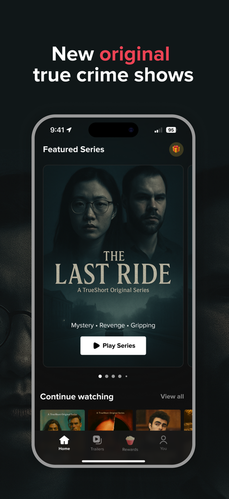 TrueShort - Stream True Crime - TrueShort Mobile App-Oberfläche, die die vorgestellte Original-True-Crime-Serie The Last Ride auf einem iPhone zeigt