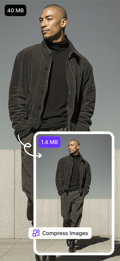 Shrink.media - Shrink media app interface demonstrating file size reduction from 40MB to 1.4MB for faster web loading
